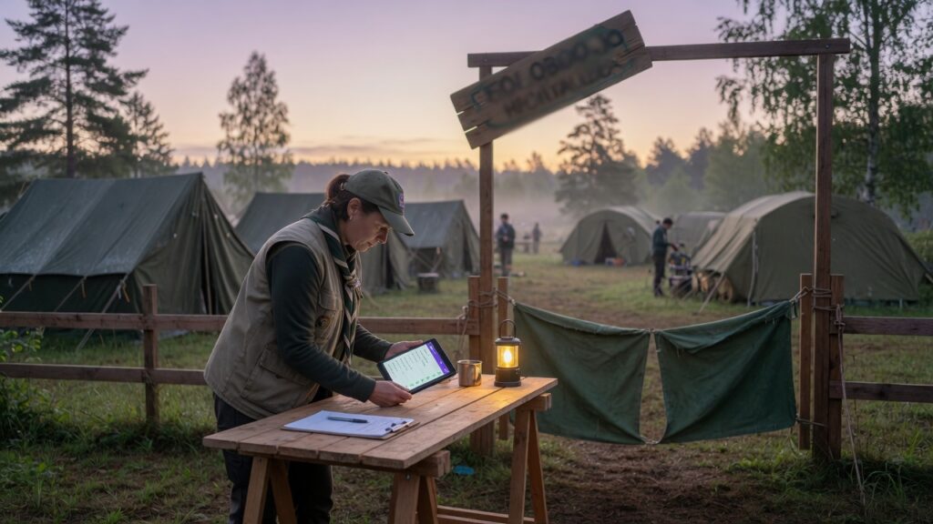 Portaria de acampamento com lista digital