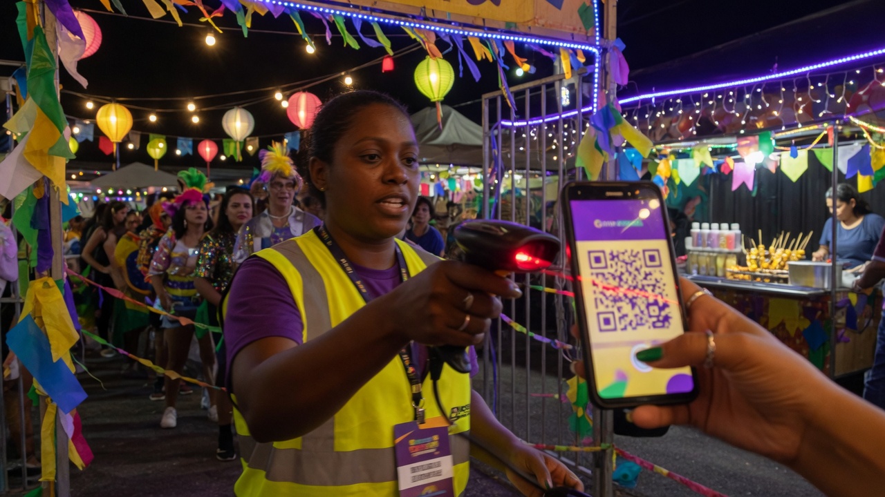 Voluntário na portaria validando QR Code de ingresso em arraiá ou jornada do grupo escoteiro