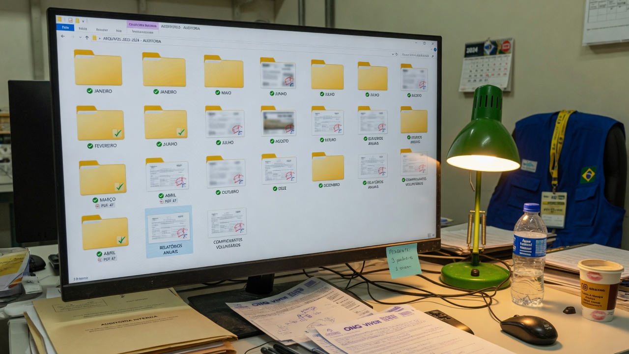 Pasta digital organizada com comprovantes e extratos mensais do grupo escoteiro