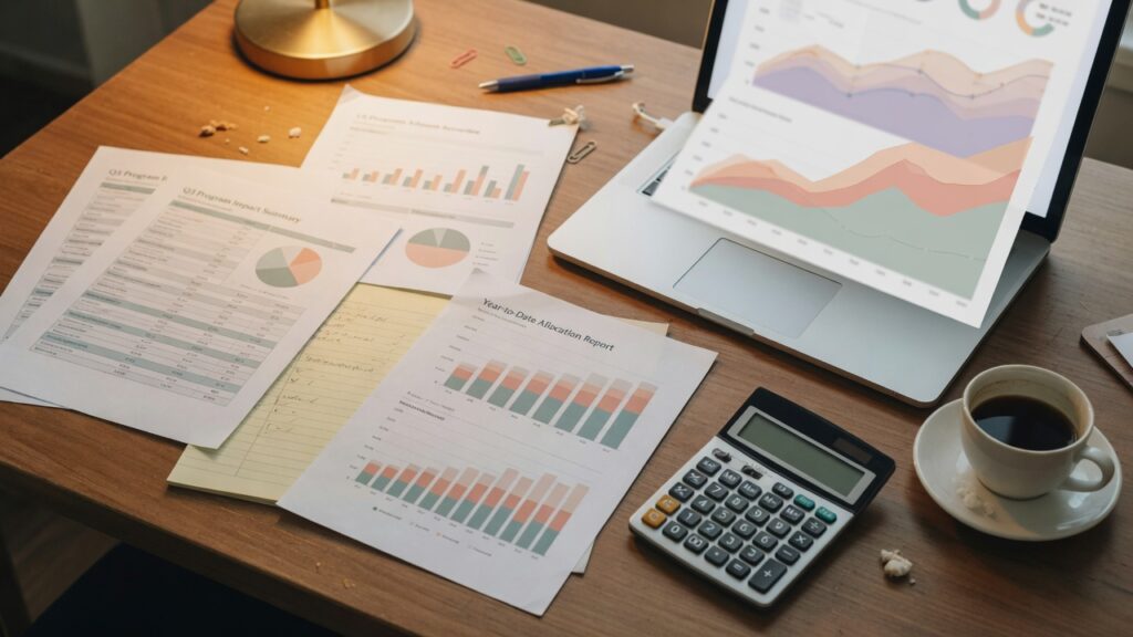 Relatórios financeiros na mesa da tesouraria