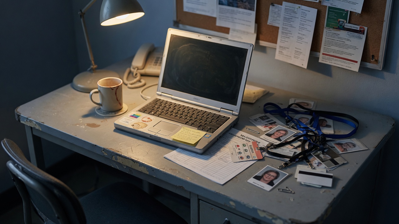 Mesa de voluntário vazia com notebook pessoal e acessos espalhados após troca de mandato