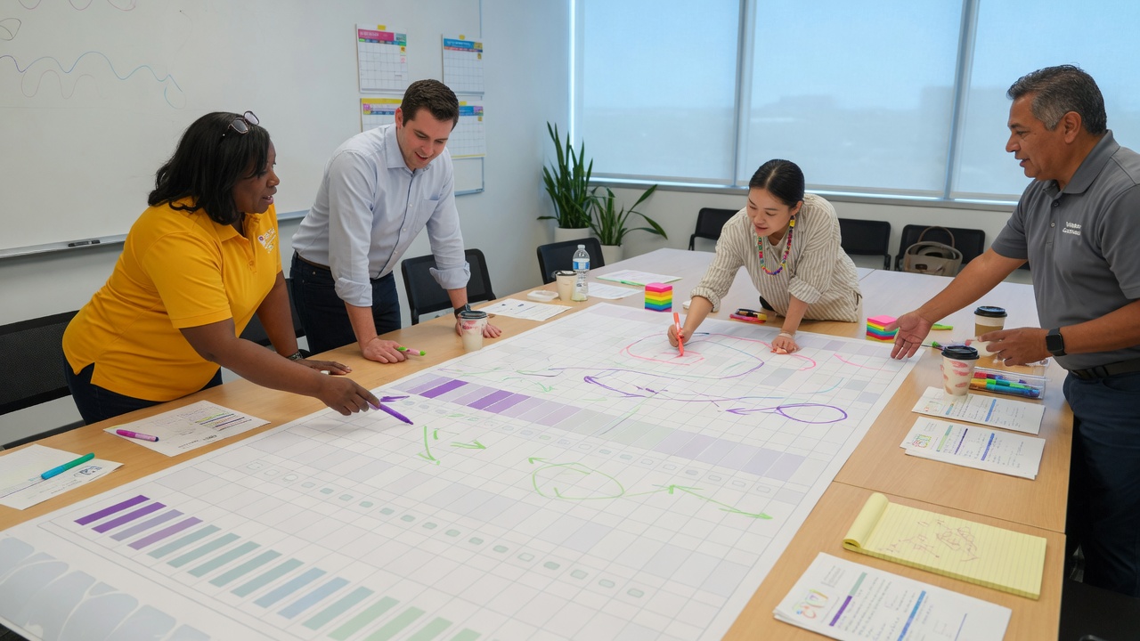 Equipe de voluntários revisando checklist anual de gestão do grupo escoteiro em reunião
