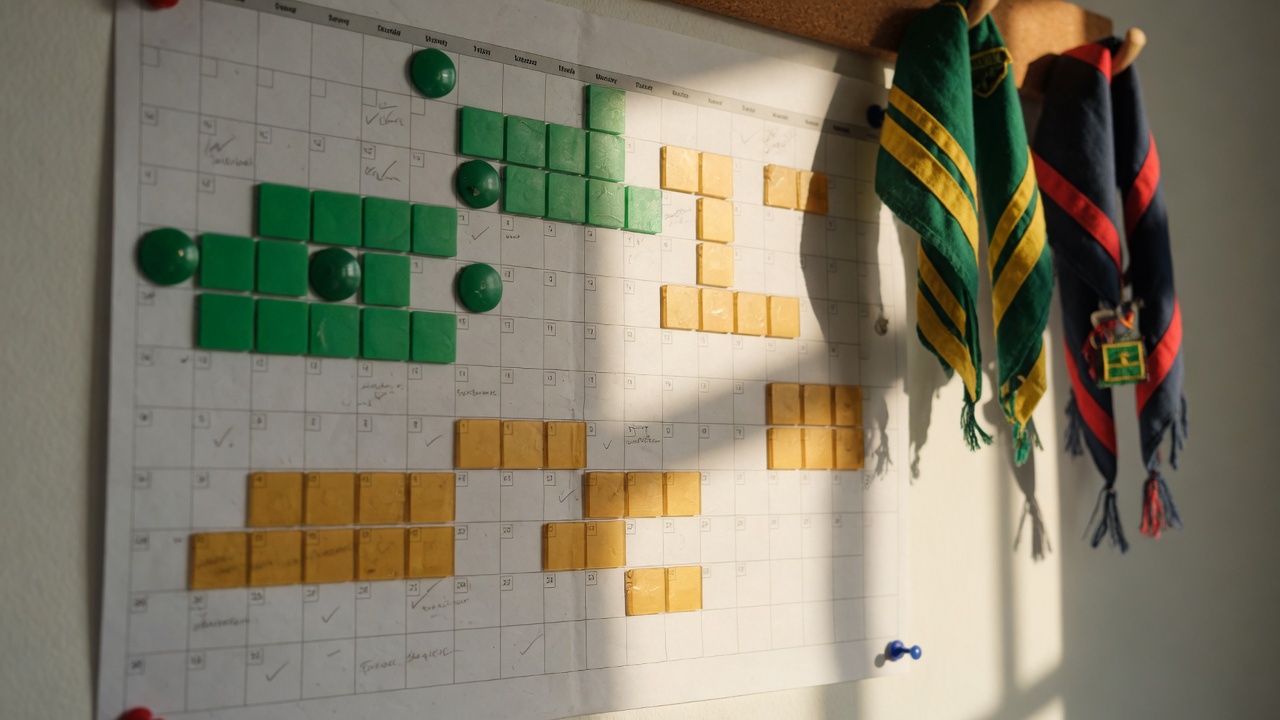 Planner anual na parede da sede do grupo escoteiro com blocos de cores por mês