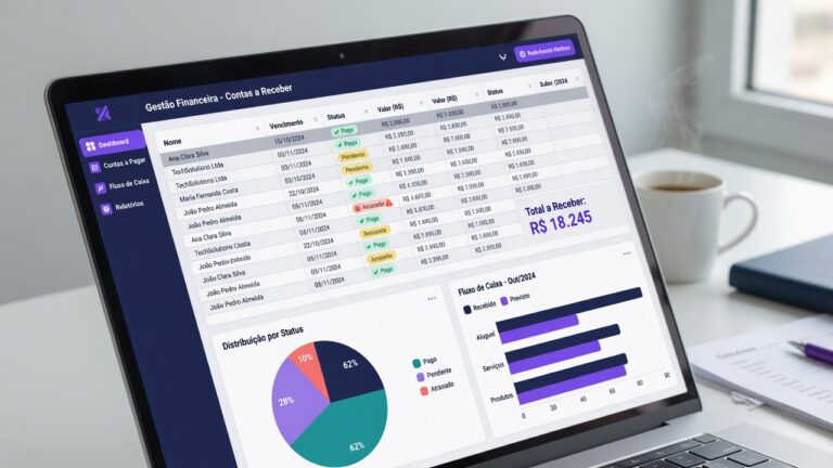 Tela com planilha de gestão financeira, tabelas e gráficos