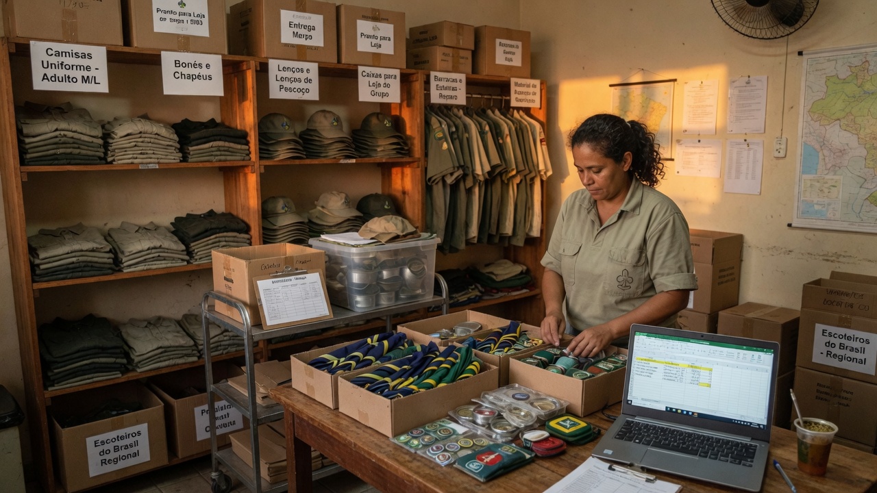 Voluntária organizando o estoque central do grupo escoteiro, com uniformes, lenços e material prontos para distribuir às lojas