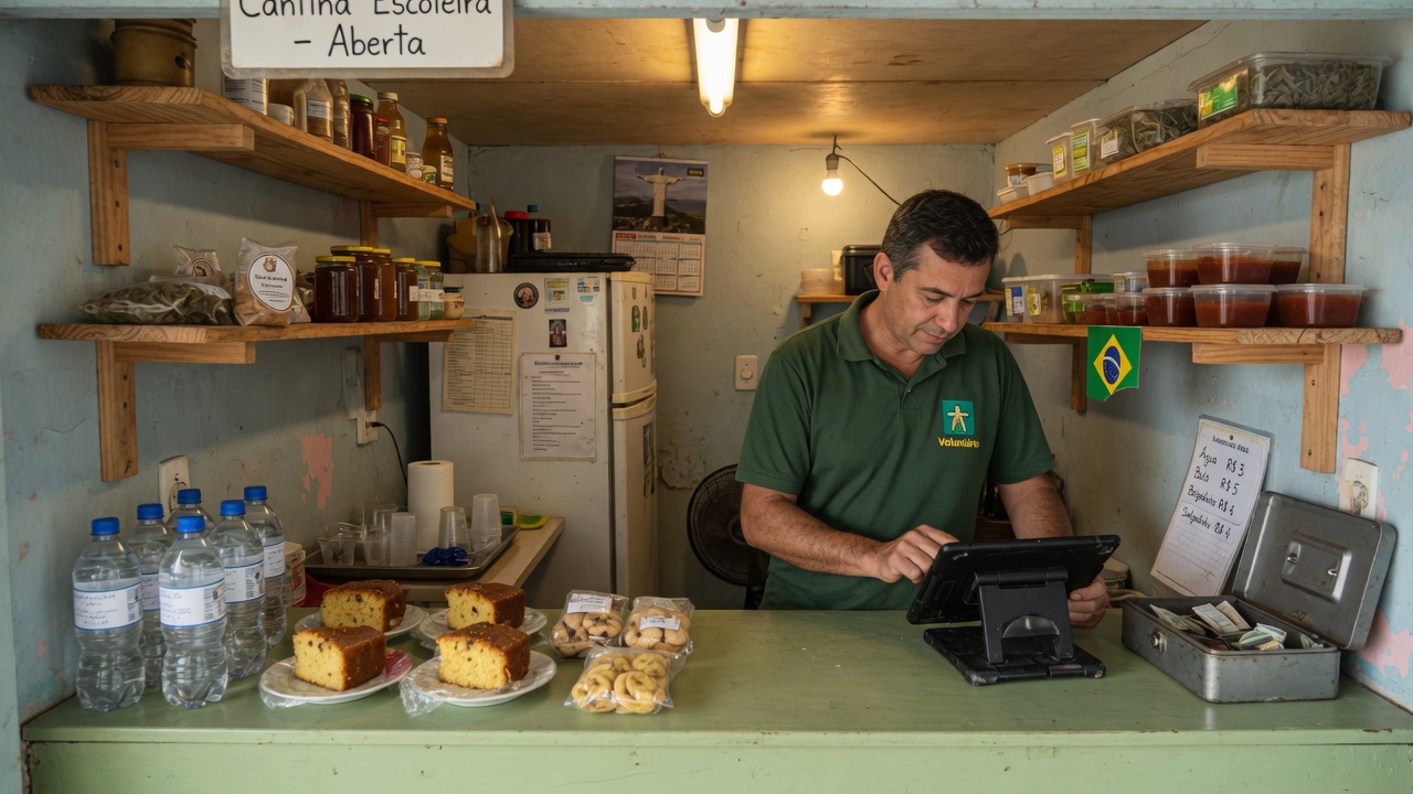 Voluntário na cantina do grupo escoteiro registrando venda no PDV, com perecíveis no balcão